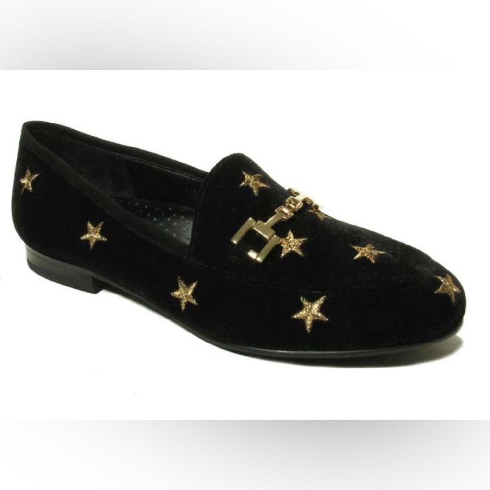 VANELI Black Velvet Loafers with Gold Star Details Size 7